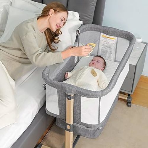 Baby Bassinet, Easy Folding Beside Sleeper for Baby, 6 Height Adjustable Baby Bed, 3 in 1 Portable Bedside Bassinet with Storage Basket and Wheels to Baby Crib for Infant/Newborn (Deep Grey)