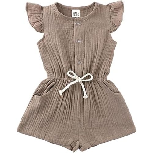 Summer Baby Girl Clothes Fly Sleeve Bodysuit Button Solid Color Romper Onesie Toddler Jumpsuit Overalls with Pockets
