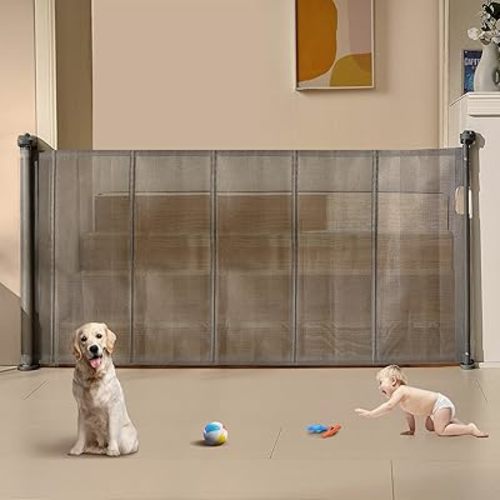 VEVOR Baby Gate Dog Gate Retractable for Stairs Indoor, Extends up to 76.8" Wide Mesh Dog Gate for Doorways, 34" Tall Safety Dog Gates for The House, Easy to Use Pet Gate for Stairway & Ourdoors, Gray