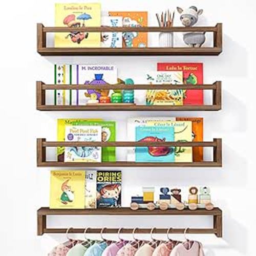 Fixwal Nursery Book Shelves, 23.6 Inch Floating Bookshelves for Wall Set of 4, Baby Nursery & Playroom Decor, Solid Wood Wall Mounted Shelves for Books and Toys Storage (Brown)