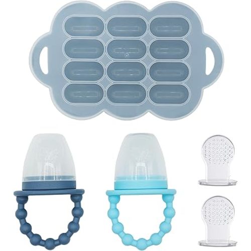 WeeSprout Baby Food Feeder Set - 2 Silicone Feeders & Reusable Freezer Tray with Lid - BPA-Free Fresh Fruit & Veggie Pacifier for Babies & Toddlers - Double as Teething Toys - Dishwasher Safe