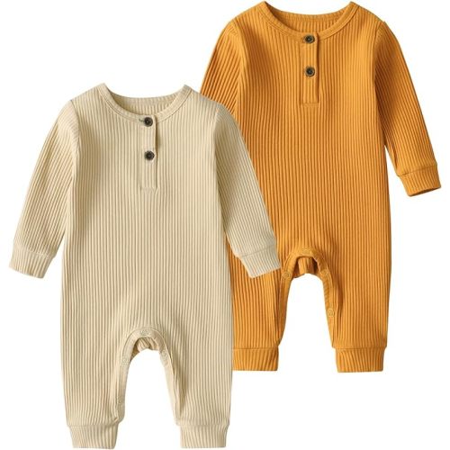 Baby Boy Girl 2 Pack Solid Romper Short/Long Sleeve One Piece Jumpsuits Clothes Sets - 0-3 Months - Yellow & Apricot