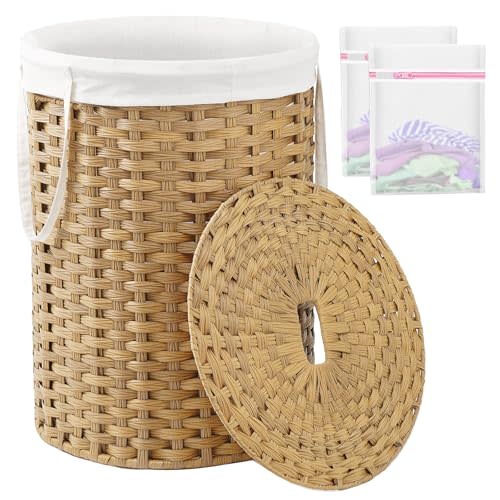 SETVSON Laundry Basket with Lid Round Rattan Laundry Hamper with Lid and Handles 29.1 Gal (110 L) Handwoven Woven Basket with Removable Bags and 2 Mesh Bags for Bathroom Living Room Natural
