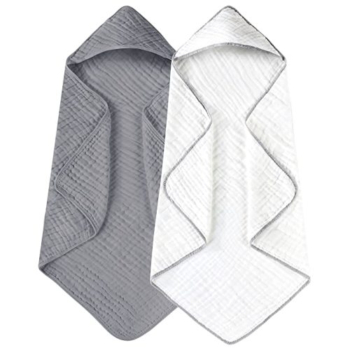 Yoofoss Hooded Baby Towels for Newborn 2 Pack 100% Muslin Cotton Baby Bath Towel with Hood for Babies, Infant, Toddler and Kids, Large 32x32Inch, Soft and Absorbent Newborn Essential - White and Pure Grey