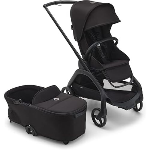 Bugaboo Dragonfly City Stroller with Full-Size Baby Bassinet and Toddler Seat, One Hand Easy Fold in Any Position, Full Suspension, Large Basket, Black Chassis and Midnight Black Sun Canopy