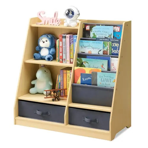 Kids Bookshelf and Toy Storage, 4 Tier Bookshelf for Kids Room, Wooden Kids Book Shelf with Sling Book Rack, Bookshelf for Kids Room (Natural)