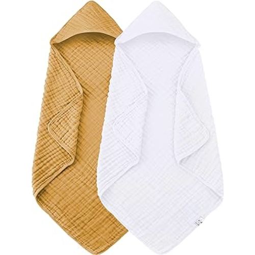 2 Pack Hooded Baby Towels - 100% Muslin Cotton for Newborns, Infants, Toddlers - Large 32x32Inch Size - Highly Absorbent and Essential for Newborn Care, White and Honey
