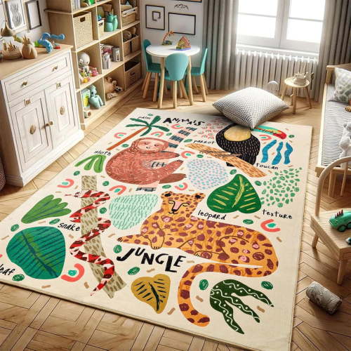 Abstract Jungle Rug, Cute Fun Nursery Rugs For Girls Boys Neutral, Cartoon Doodle Wild Animals Tropical Leaves Kids Playroom Rug, Colorful Aesthetic Area Rug Accent Carpet 2x3ft
