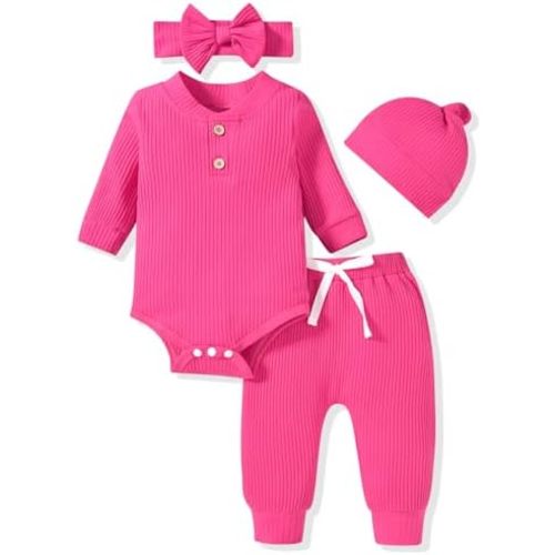 Aalizzwell Gender Neutral Long Sleeve Baby Ribbed Outfit with Hat & Headband