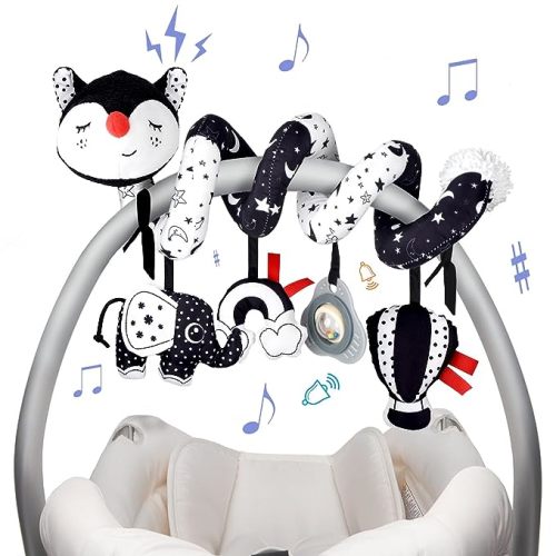 XIXILAND Musical Car Seat Toys Black and White Baby Toys, Infant Toys 0-6 Months Stroller Toys Newborn Toys, High Contrast Baby Toys for Newborn, Gift for 0 3 6 9 12 Months Girls Boys Babies