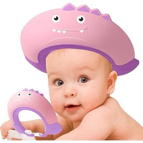 Baby Shower Cap Shield, Shower Cap for Kids, Visor Hat for Eye and Ear Protection for 0-9 Years Old Children,Cute Dinosaur shape Makes the Baby Bath More Fun… (Pink)