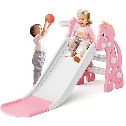 67i Toddler Slide for Indoor & Outdoor Play with Basketball Hoop, Anti-Slip Steps, 46.8in Baby Climber (Pink)