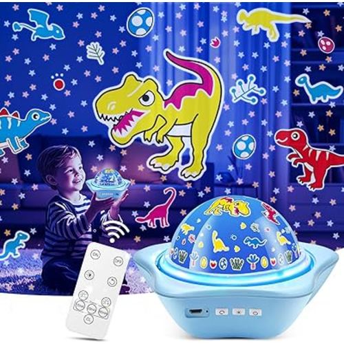 One Fire Dinosaur Night Lights for Bedroom,Upgrade 6 Films Star Projector Lights for Kids Room,Remote 360° Silent Dimmable Night Light Projector,Rechargeable Timer Dinosaur Room Decor for Boys Gifts