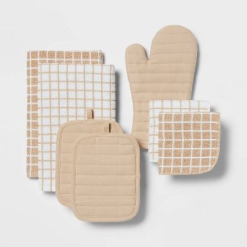 7pc Cotton Kitchen Textile Set Tan - Room Essentials™: Includes Oven Mitt, Kitchen Towels, Pot Holders, Dish Cloths