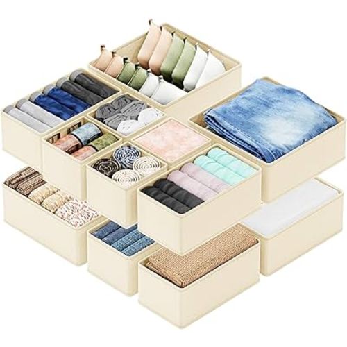 SpaceAid Drawer Organizer for Clothes, 12 Pack Dresser Drawer Organizer Bins, Closet Organizers and Storage Dividers for Clothing, Underwears, Socks (Beige)