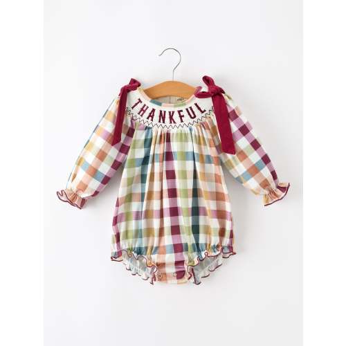 Thanksgiving “THANKFUL” Embroidered Smocked Plaid Bubble Romper – Rylee Faith Designs