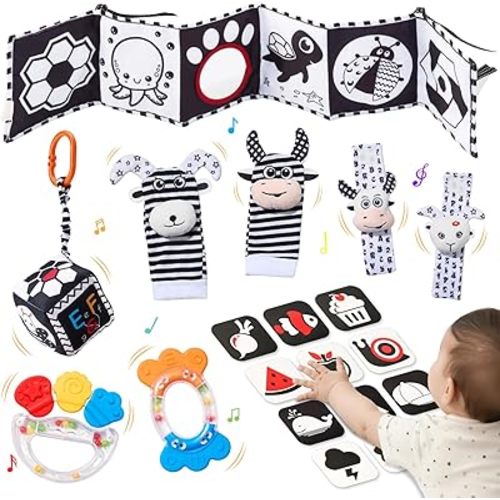 JoyCat Baby Toys 0-6 Months, 6-in-1 Newborn Sensory Toy Set with High Contrast Cards & Sensory Cloth, Wrist and Ankle Rattles, Baby Rattle, Hanging Cube and Teether, Baby Shower Gift for Boys Girls