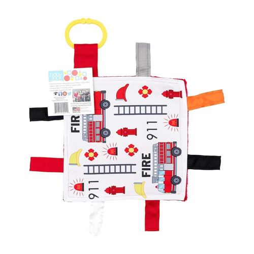 Baby Sensory Crinkle & Teething Square Lovey Toy with Closed Ribbon Tags for Increased Stimulation: 8"X8" (Firefighter)