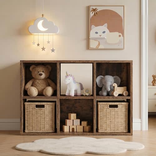 LUCKLIFE 6-Cube Storage Organizer, Modular Bookcase Shelf with Vertical or Horizontal Use, Fits 11×11" Bins, Optional Back Panels, for Living Room, Office, Rustic Brown