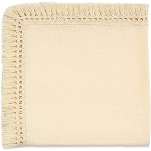 insular Cotton Muslin Baby Blanket with Tassel, Boho Bohemian Muslin Swaddle Blanket Baby Receiving Blanket with Fringe, Nursery Decor Throw or Nursing Blankets, 47" x40”, Beige