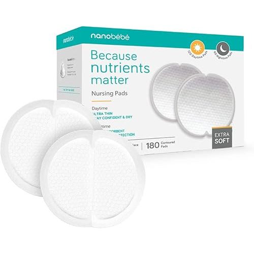 Nanobébé Disposable Nursing Pads Multipack – 120 Days and 60 Nights Ultra Thin & Extra Absorbent Vented Leak Proof Nursing Essentials, Individually Wrapped (180 Count)