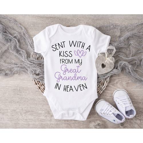 Sent With A Kiss From My Great Grandma In Heaven Baby Bodysuit, Custom Baby, Baby Shower Gift, Guardian Angel, Infant Toddler Shirt, Nana