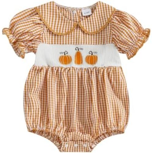 Newborn Baby Girl Pumpkin Romper Short Sleeve Doll Collar Smocked Plaid Bubble Bodysuit My 1st Halloween Outfit