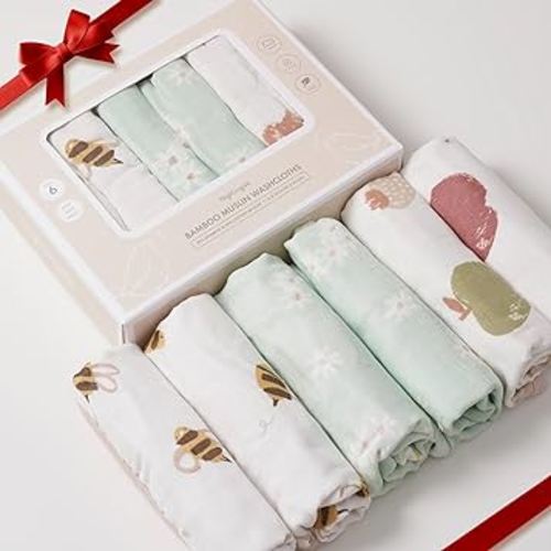 Nightingale Baby Washcloths, Organic Cotton Muslin with Rayon Made from Bamboo - Soft Burp Cloths for Newborn Sensitive Skin - 12x12 Face or Baby Towel - Bath Baby Essentials - 6 Pack (Bee)