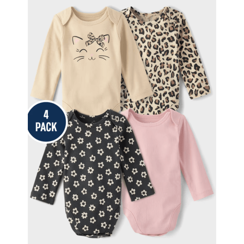 Baby Girls Leopard Bodysuit 4-Pack - tan