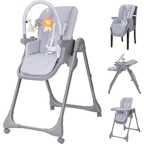 Ezebaby Baby High Chair, Foldable High Chair with Adjustable Heigh and Recline, 2-in-1 Convertible to Dining Booster Seat, Portable High Chair for Toddlers with 4 Wheels and Toy Rack - Grey