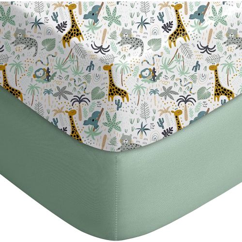 Yoofoss Pack and Play Sheets Fitted, Mini Crib Sheets 2-Pack for Pack N Play Mattress, Stretchy Playard Sheet, Soft and Breathable Green+Giraff