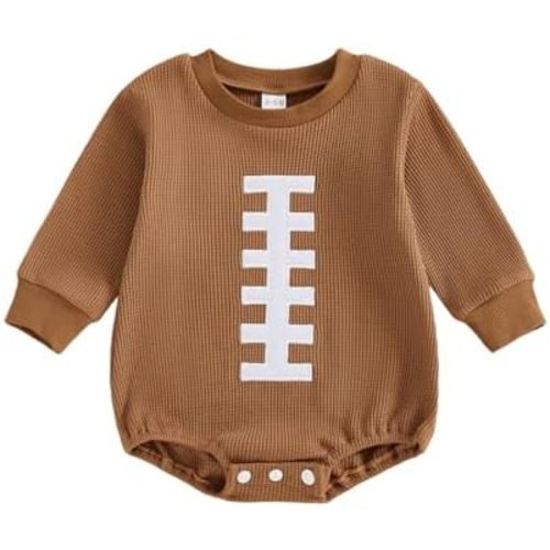 Yuemengxuan Newborn Baby Boy Football Outfit Rugby Print Long Sleeve Bubble Romper Waffle Jumpsuit Fall Clothes