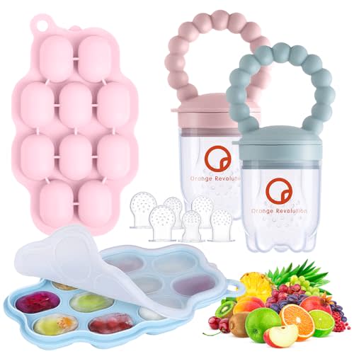 Baby Fruit Food Feeder Pacifier, 2Pcs Silicone Baby Feeders and 2Pcs Silicone Freezer Tray for Breast Milk Popsicle,Fruit Purees,BPA-Free Feeding Tool for Teething,Training