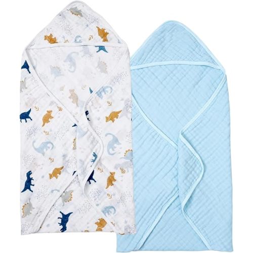 PHF 2 Pack Baby Hooded Towels, 100% Muslin Cotton Baby Bath Towel with Hood for Newborn, Infant, Toddler, Ultra Soft and Absorbent Baby Essentials Bath Towels for Boys, 32x32Inch, Dinosaur