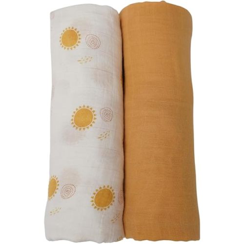 Baby Swaddle Blanket, Gender Neutral, 100% Organic Cotton, 2 Pack Super Soft and Lightweight Muslin Baby Blanket, 47"x47", Sunshine Print & Yellow.
