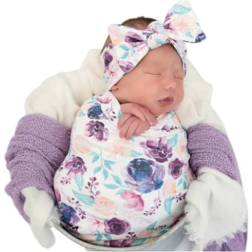 Newborn Floral Print Blanket Baby Stretch Wrap Swaddle Receiving Blanket with Matching Headband and Beanie