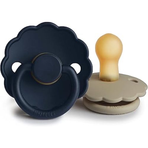 FRIGG Daisy Natural Rubber Baby Pacifier | Made in Denmark | BPA-Free (Dark Navy/Sandstone, 0-6 Months) 2-Pack