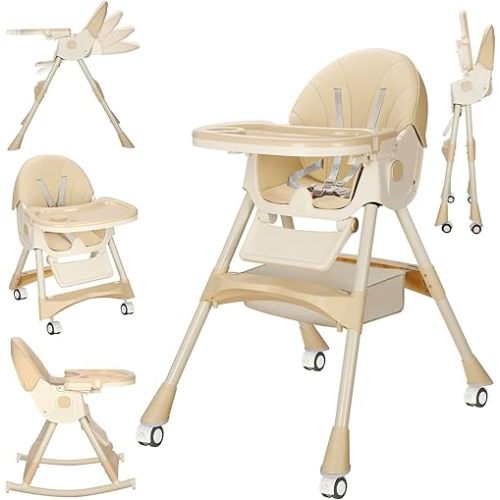 Convertible 6-in-1 High Chairs for Babies and Toddlers, Foldable Portable Baby Highchair, Compact Adjustable Folding Baby High Chair for Infant Toddler Baby Boy Girl with Wheels & Footrest (Beige)