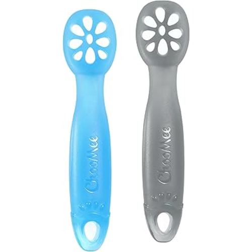 ChooMee FlexiDip Silicone Baby Learning Utensil | 4 Months + Baby Led Weaning | Flat Head Spoon with Firm Handle | Designed in USA, BPA Free, Premium Grade Platinum Silicone | 2 CT Blue Gray