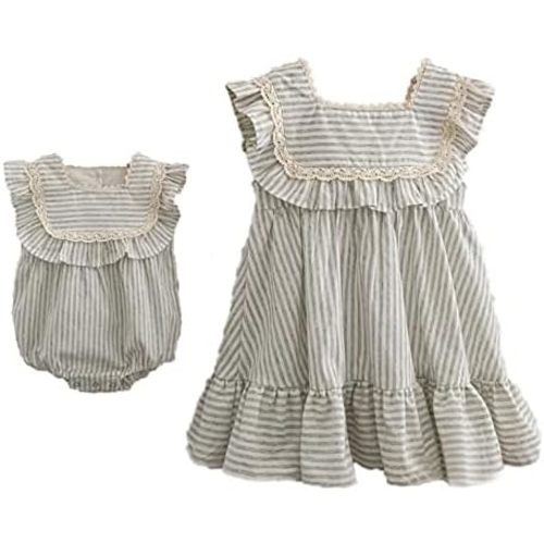 Ashmyova Toddler Girls Linen Summer Casual Dress Kids Vintage Ruffles Stripe Baby Rompers Dresses