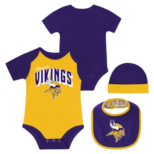 Newborn & Infant Minnesota Vikings Dynamic Duo Bodysuit, Bib & Knit Hat Set