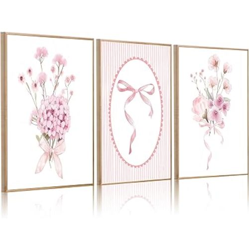 3Pcs Pink Nursery Flower Wall Art Floral Bow Wall Decor Cute Botanical Flower Pictures Coquette Aesthetic Poster Prints Girly Preppy Painting for Girls Bedroom Dorm Apartment Home 12x16 Unframed