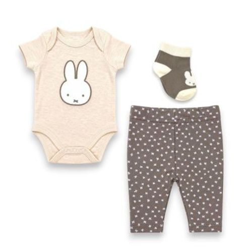 Miffy Baby Girls' 3-Piece Ultra Soft Bodysuit, Leggings & Socks Layette Set, Oatmeal Heather, 3 Months