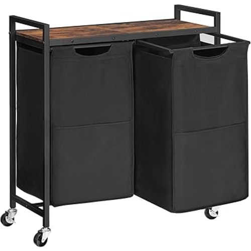 HOOBRO Laundry Hamper, Laundry Sorter 2 Section, 2 × 13 Gal (49.5L), Laundry Basket with Wheels, Rolling Cart, Pull-Out and Removable Oxford Fabric Laundry Bags, Rustic Brown and Black BF72XY01