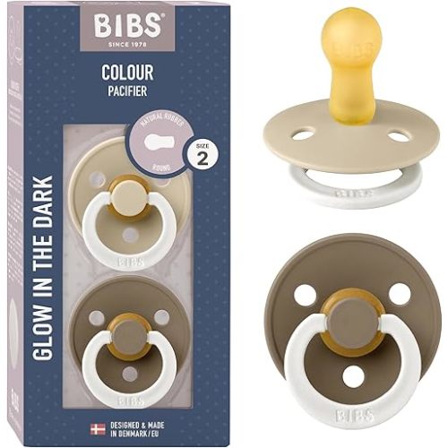 BIBS Pacifiers Colour Collection | Natural Rubber Baby Pacifier | Set of 2 BPA-Free Soothers | Made in Denmark | 6+ Months (Pack of 2) | Vanilla Night/Dark Oak Night