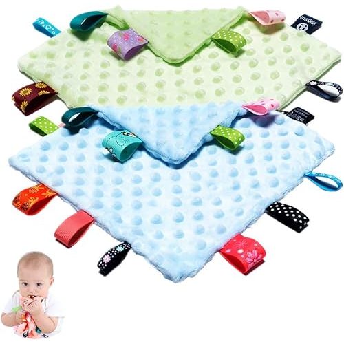 HECCEI Baby Tags Security Blanket & Lovey for Babies Plush Toy - 10 x 10 inches Square Taggy Soothing Blanket(Blue+Green) - Baby Gift