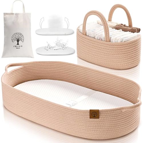 Baby Changing Basket Includes Diaper Caddy - Soft & Waterproof Dual-Cover, Portable, Changing Pad for Dresser & Changing Table, Gift for Baby Shower, Organic Cotton Rope