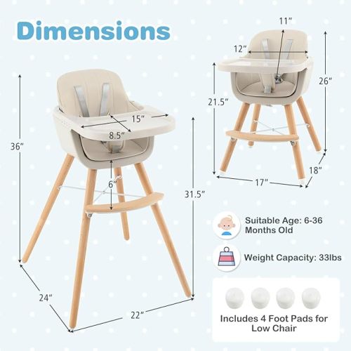HONEY JOY High Chair, 3-in-1 Eat & Grow Wooden Highchair/Booster Seat/Toddler Chair with Removable Tray, 5-Point Harness, PU Cushion and Footrest for Baby, High Chair for Babies and Toddlers(Beige) - White