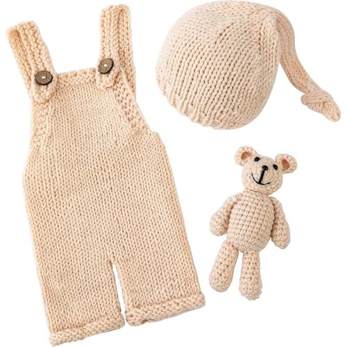 Vemonllas Newborn Photoshoot Outfits Crochet Bear Hat & Romper Set for Baby Boys Girls - Handmade Photo Props Outfits