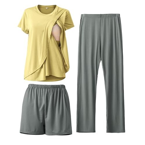 Rnxrbb 3 Piece Postpartum Nursing Pajamas Set Casual Soft Maternity Breastfeeding Pjs Sleepwear Loungewear Clothes Layer